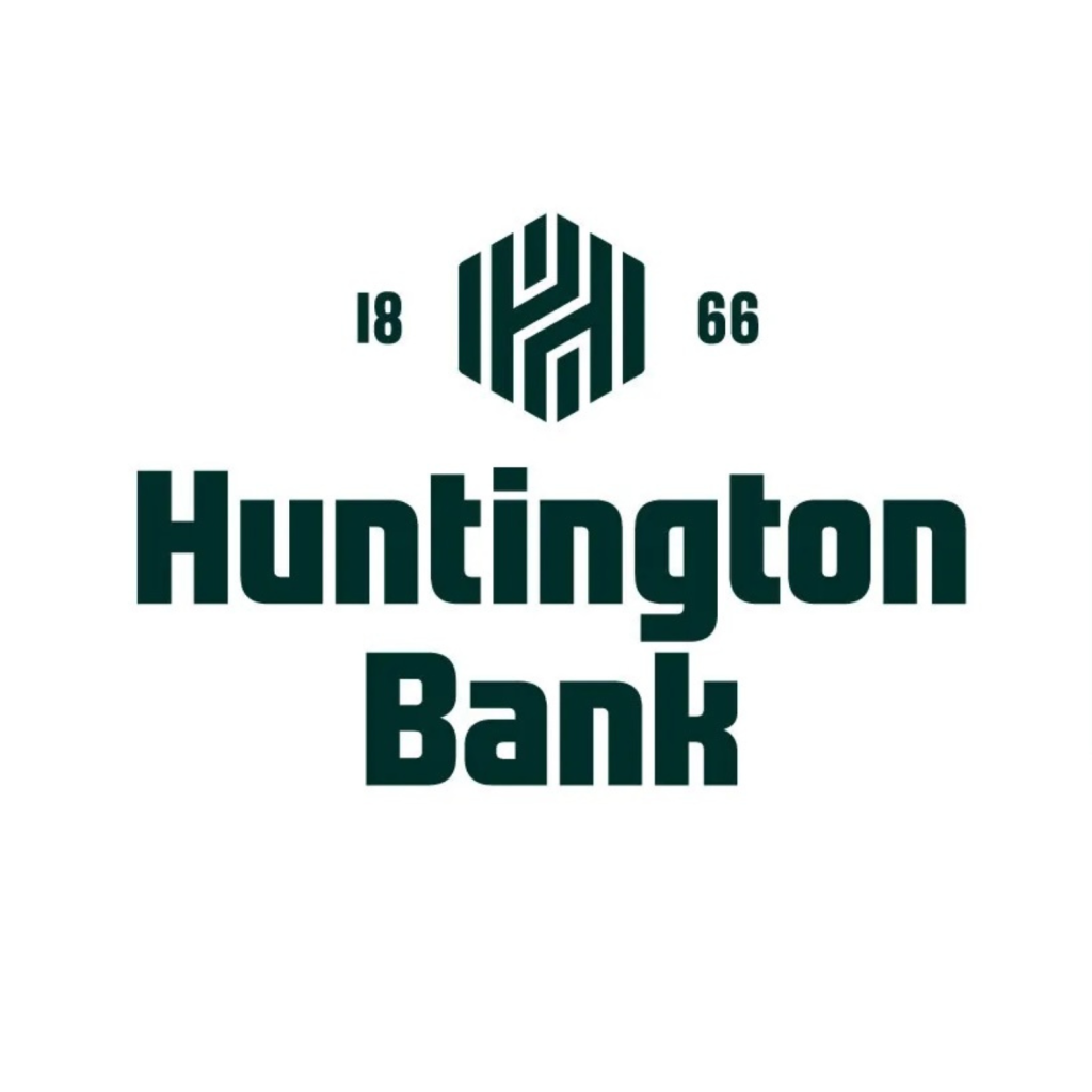 Huntington Bank logo with a geometric H symbol above the words Huntington Bank in bold letters. The numbers 18 and 66 appear on either side of the symbol, referencing the year 1866.