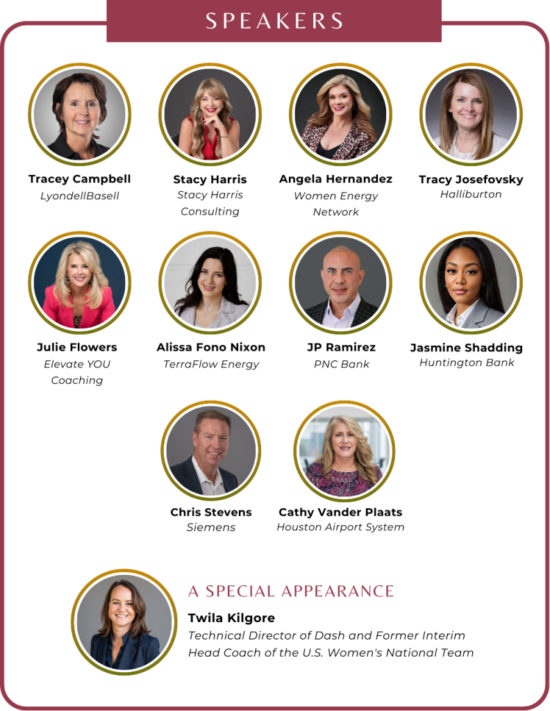 A speaker lineup featuring headshots and names of ten professionals, their organizations, and a special appearance by Twila Kilgore, U.S. Womens National Team interim head coach.