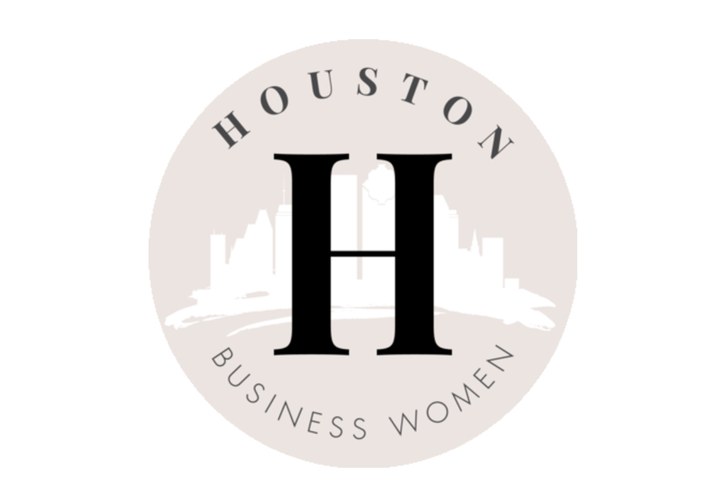 Logo of Houston Business Women featuring a large black letter H in the center, with Houston above and Business Women below, set against a light background with a faint city skyline.