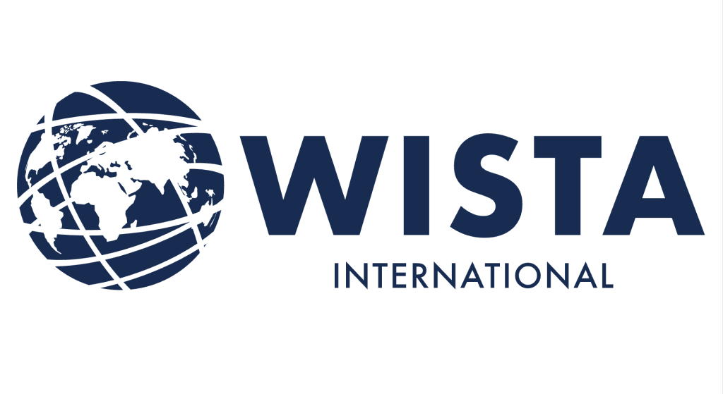 The WISTA International logo features a stylized globe with longitude and latitude lines next to the bold text WISTA above the word INTERNATIONAL in capital letters, all in blue on a white background.