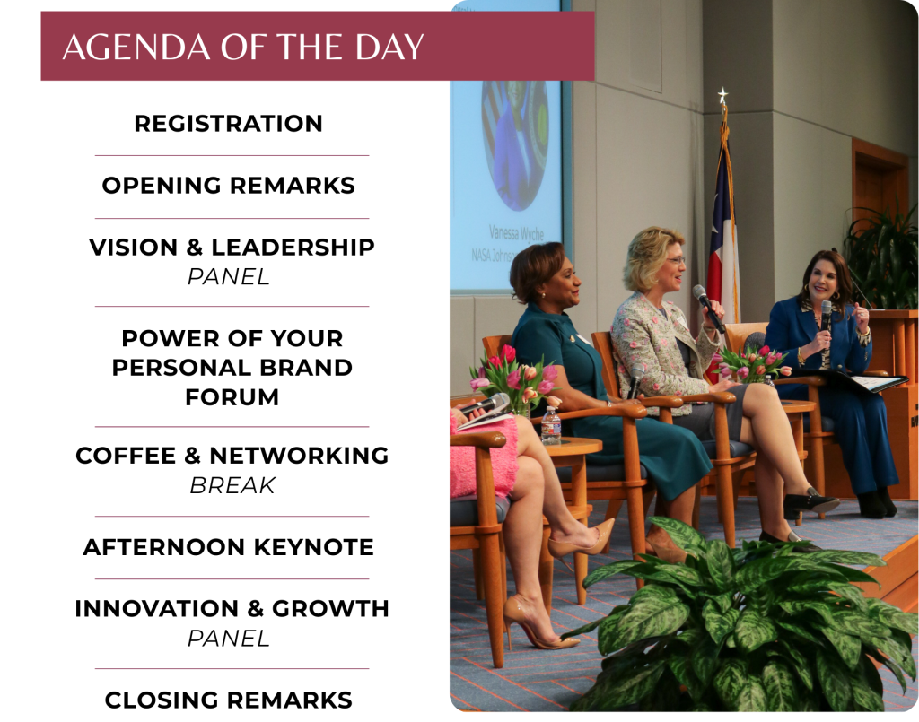 A printed agenda lists event sessions beside a photo of three women seated on a panel, speaking into microphones on stage, with flowers and plants in the foreground.