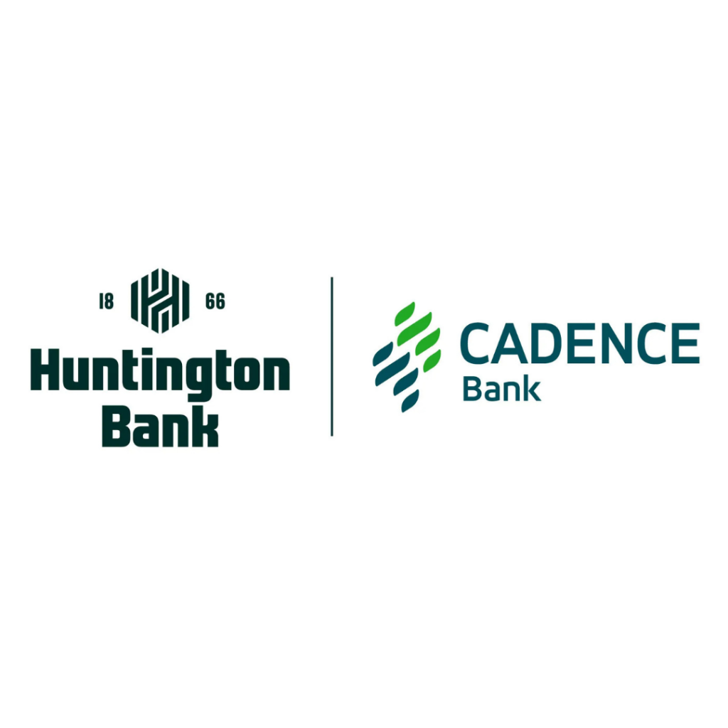 Logos of Huntington Bank (left, with 1866 and a hexagonal icon) and Cadence Bank (right, with a green and blue abstract symbol), separated by a vertical line on a white background.