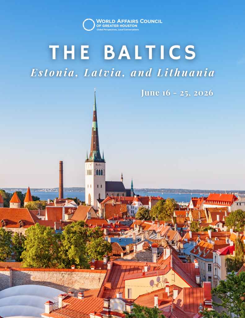 A scenic view of Tallinn, Estonia with red rooftops, the spire of St. Olaf’s Church, and the sea in the background. Text reads: The Baltics: Estonia, Latvia, and Lithuania, June 16–25, 2026.